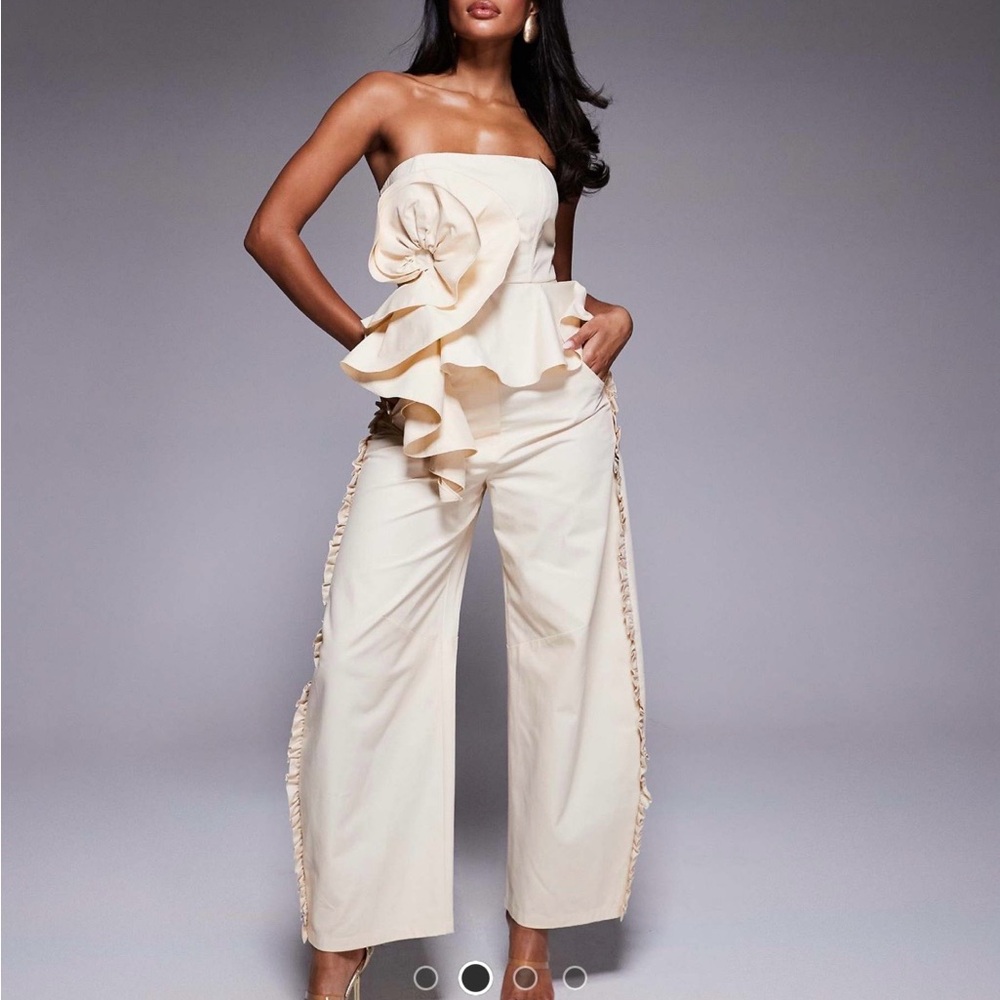 ASOS Cream Strapless Wide-Leg Ruffle Jumpsuit